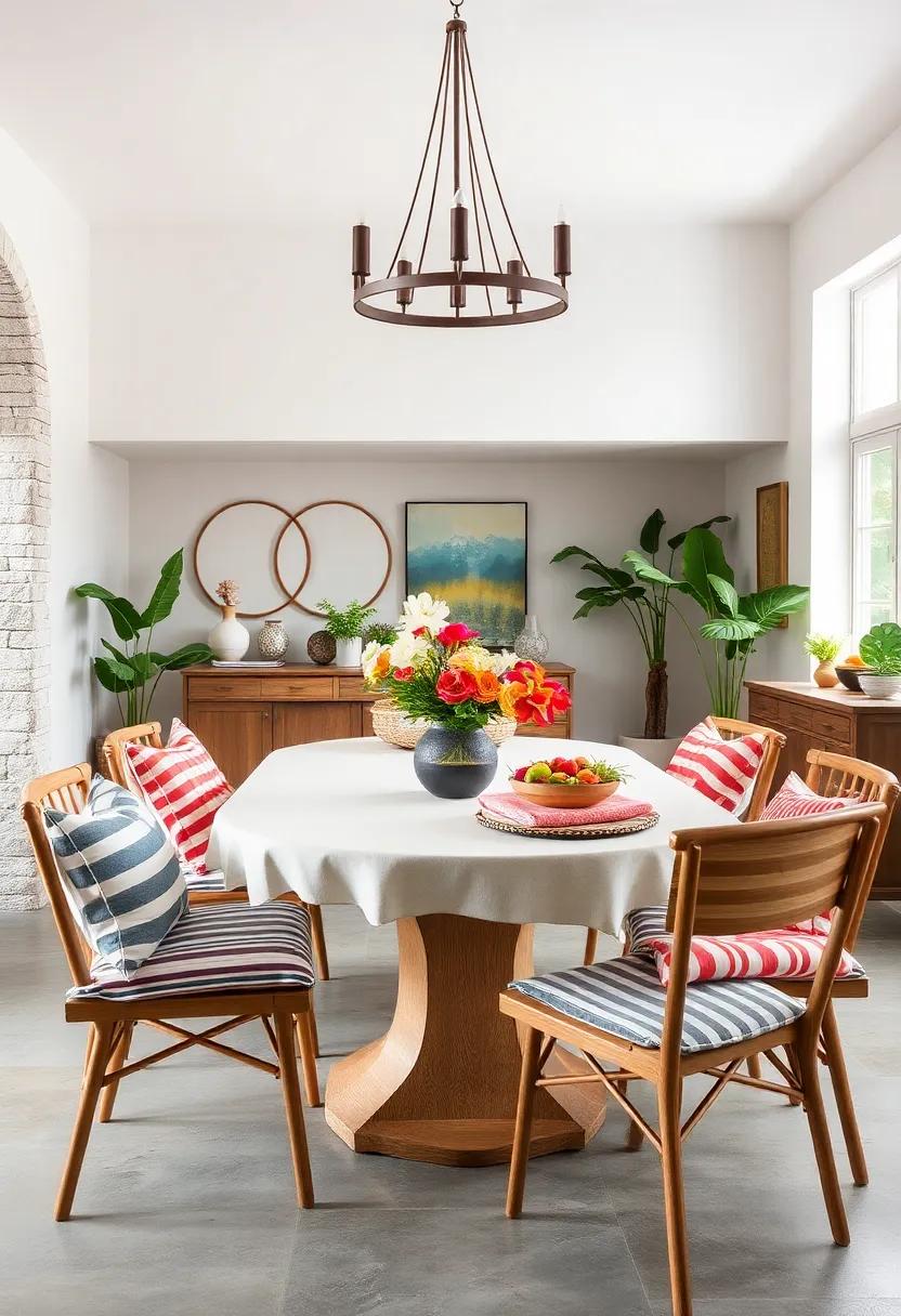 stripes and Patterns: Infuse your dining area with fun summer patterns through tablecloths and seat cushions—think stripes, polka dots, or gingham