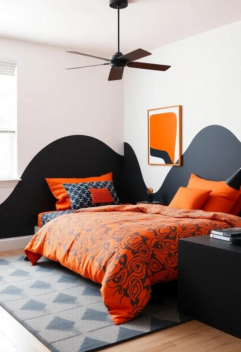 Add tangerine-colored bedding with graphic patterns‍ to bring a playful vibe to the space
