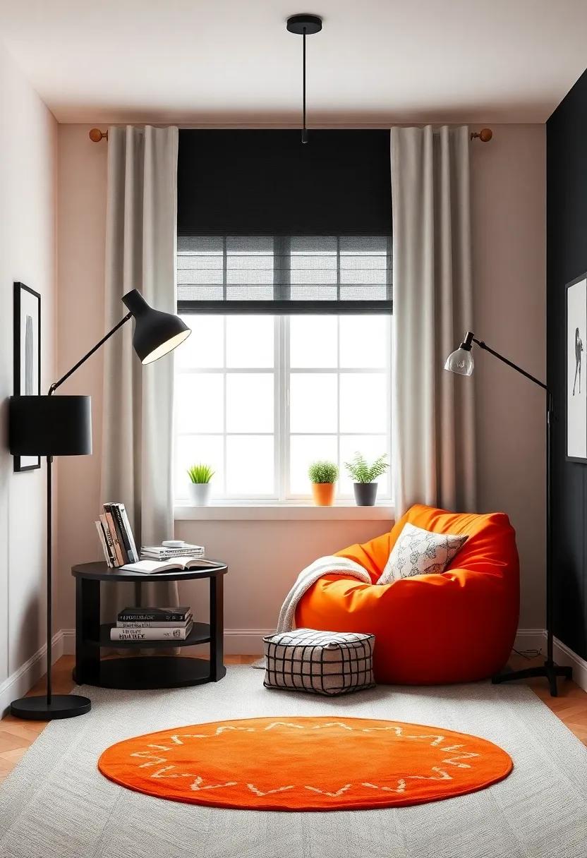 Create a cozy reading nook with a tangerine bean‍ bag chair and black floor lamp for⁢ optimal ‍lighting