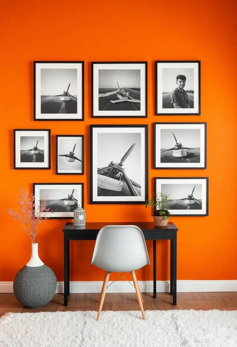 Create a mini-gallery ​wall ‌with framed black-and-white photos against a tangerine backdrop