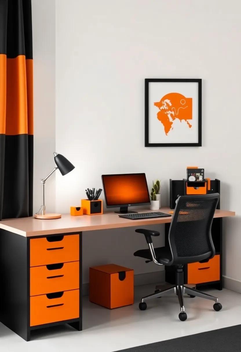 Incorporate a stylish⁢ black and tangerine desk organizer to keep study supplies neatly‍ in place