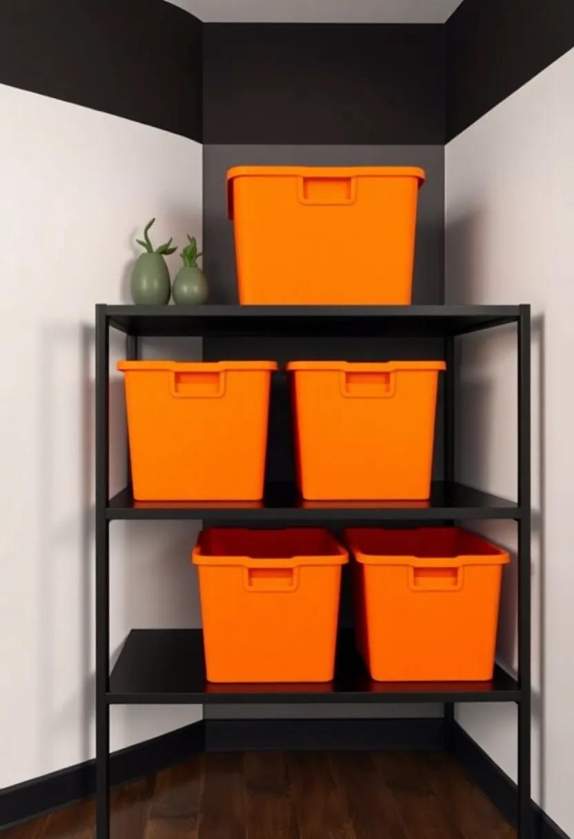 Incorporate ​tangerine storage bins ‍on a ⁣black shelf to keep the room‌ organized and stylish