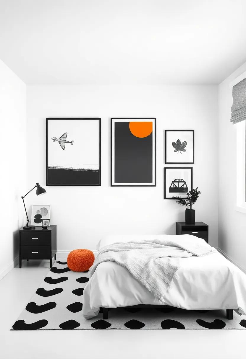 use black and white⁢ artwork to ‌complement the​ tangerine hues,‌ creating ​a modern gallery feel