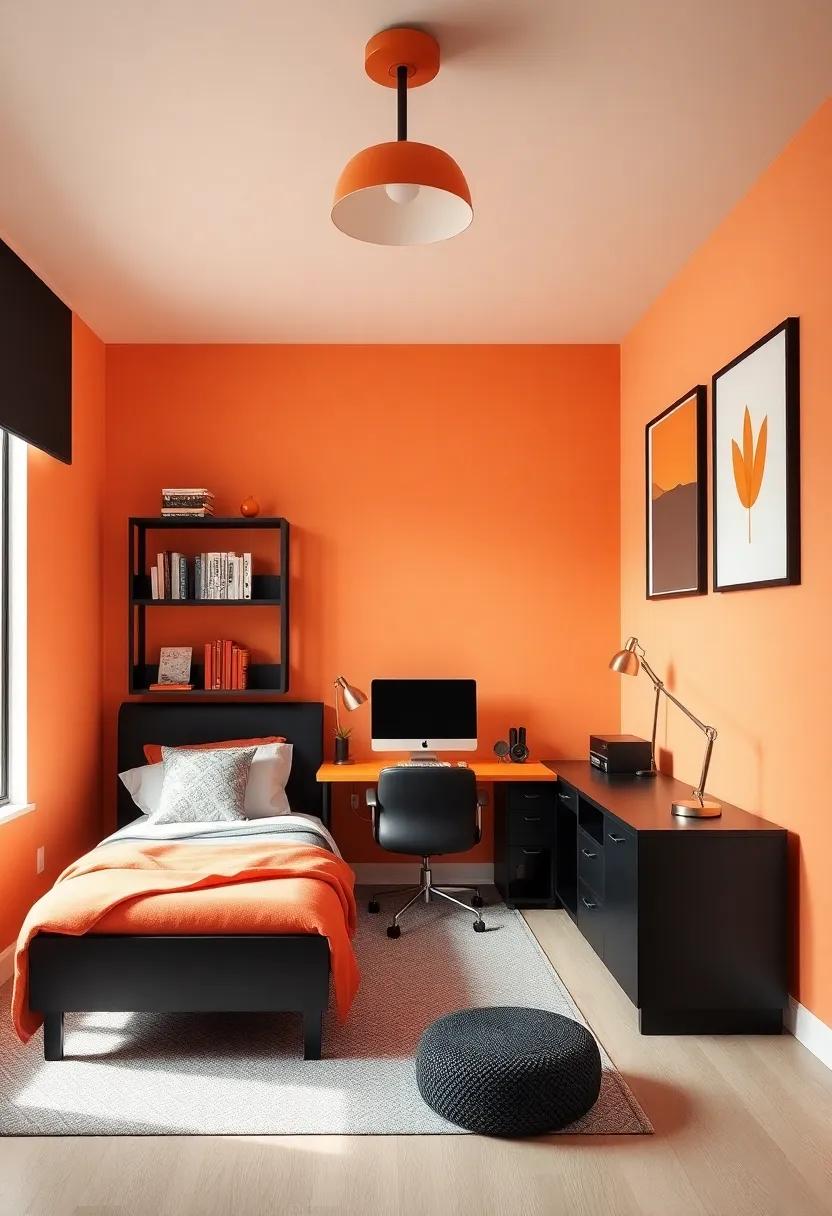 Incorporate black furniture pieces like a sleek desk⁤ or bookshelf to create a stylish contrast against the vibrant orange