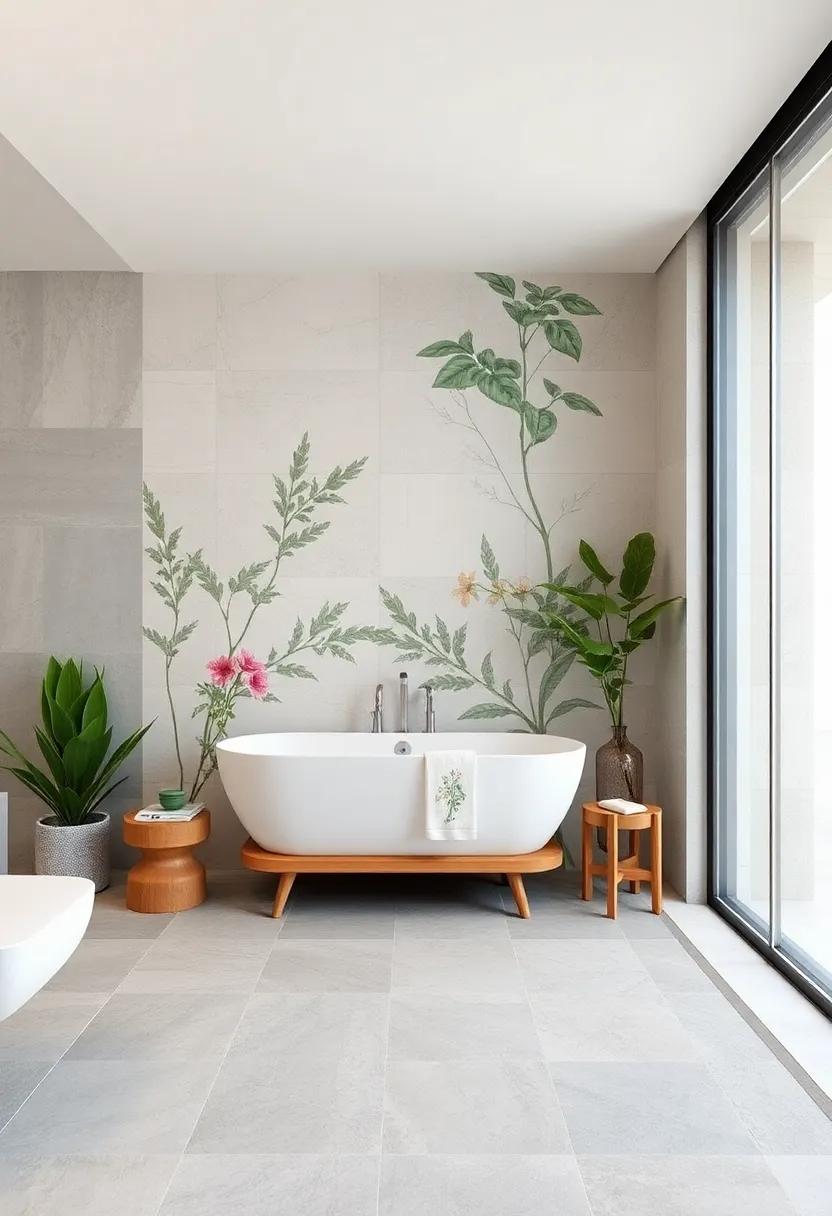 nature Inspired: Blend botanical wallpaper with minimalistic tiles to create a serene oasis that honors nature and modern design
