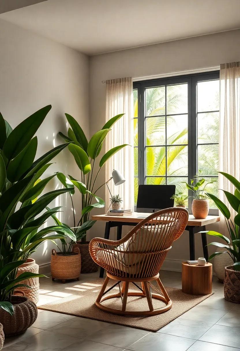 Embrace the Essence of Nature: A sunlit tropical home office featuring a rattan chair surrounded by lush greenery, perfect for fostering creativity in a serene environment