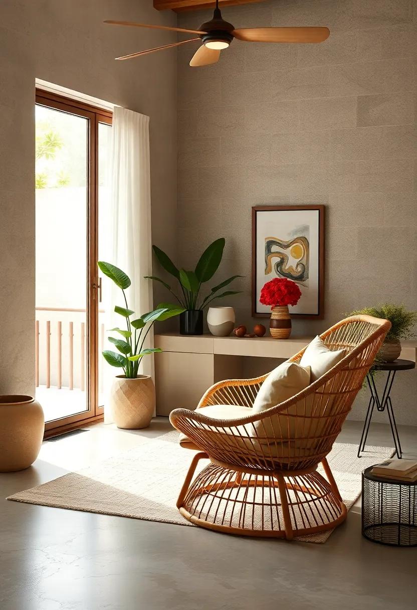 Vibrant minimalism: Explore a minimalist home office that utilizes a striking rattan chair as the focal point, showcasing how less can truly be more in a relaxed setting