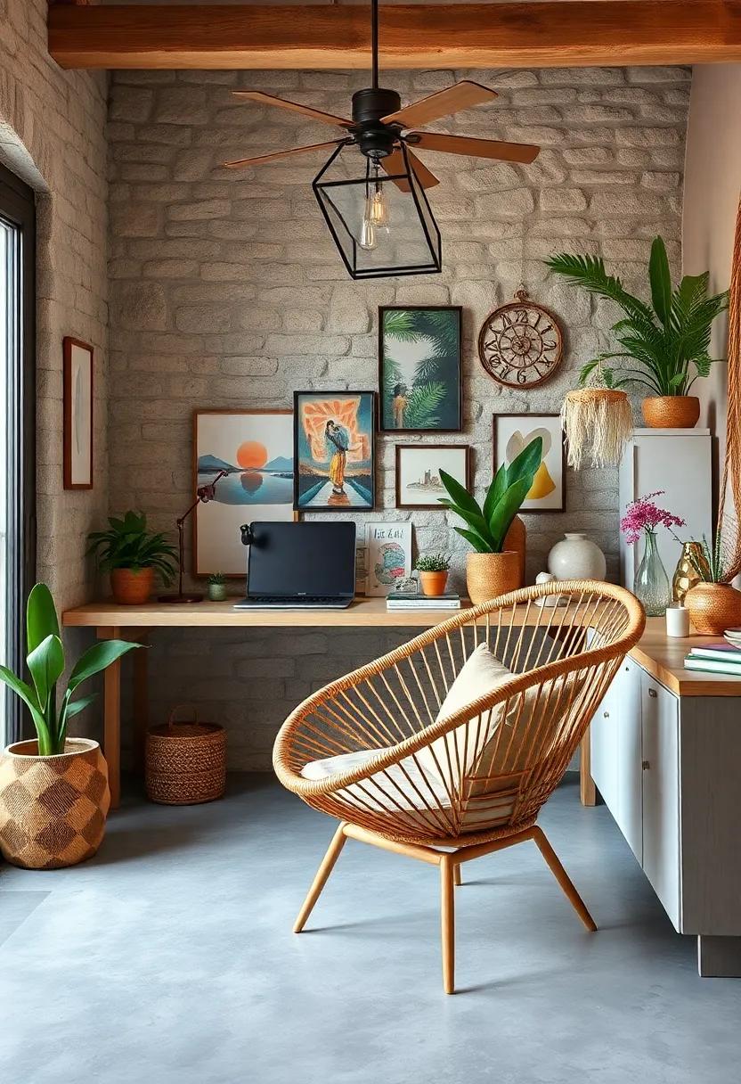 Chic Bohemian: A boho-inspired workspace filled with eclectic decor,highlighted by a unique rattan chair that brings a relaxed vibe and artistic flair to the scene