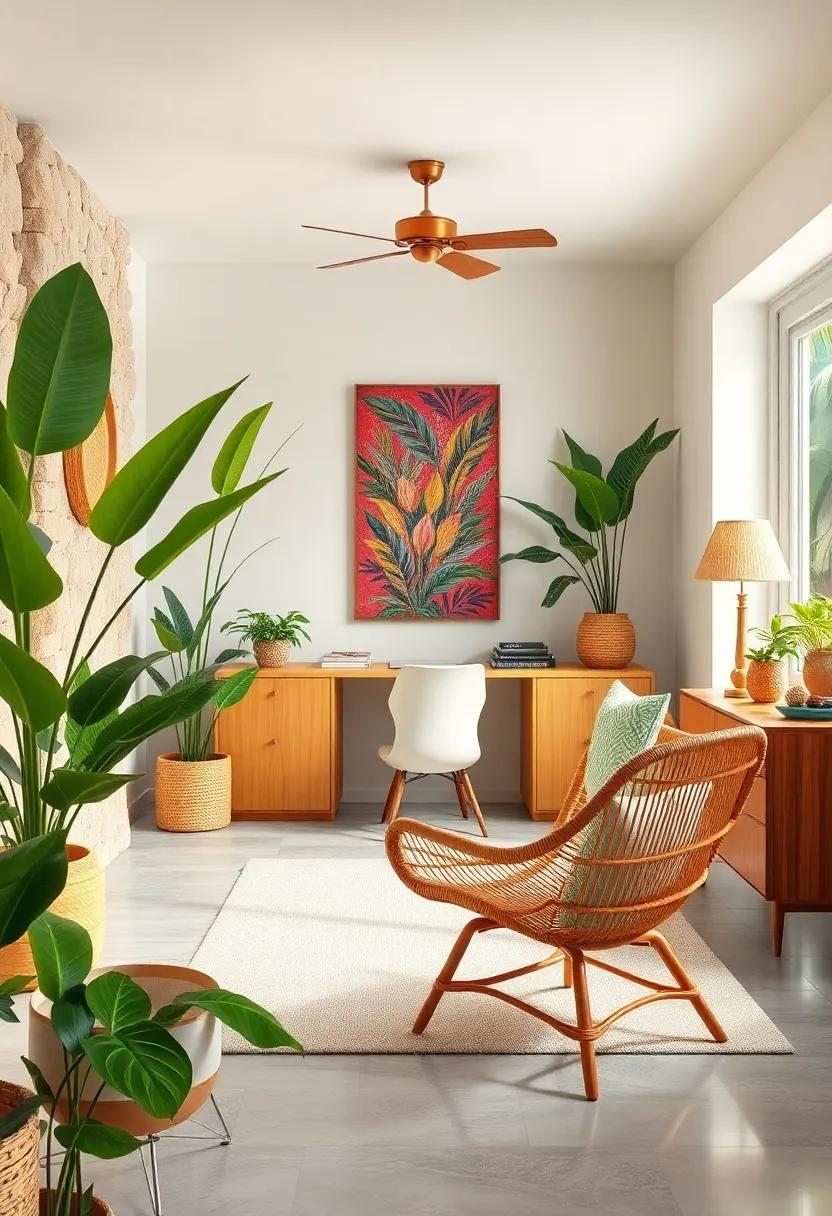 Vintage Charm: Step back in time with a retro-inspired home office that showcases a classic rattan chair, perfectly complementing mid-century modern furnishings for a unique vibe