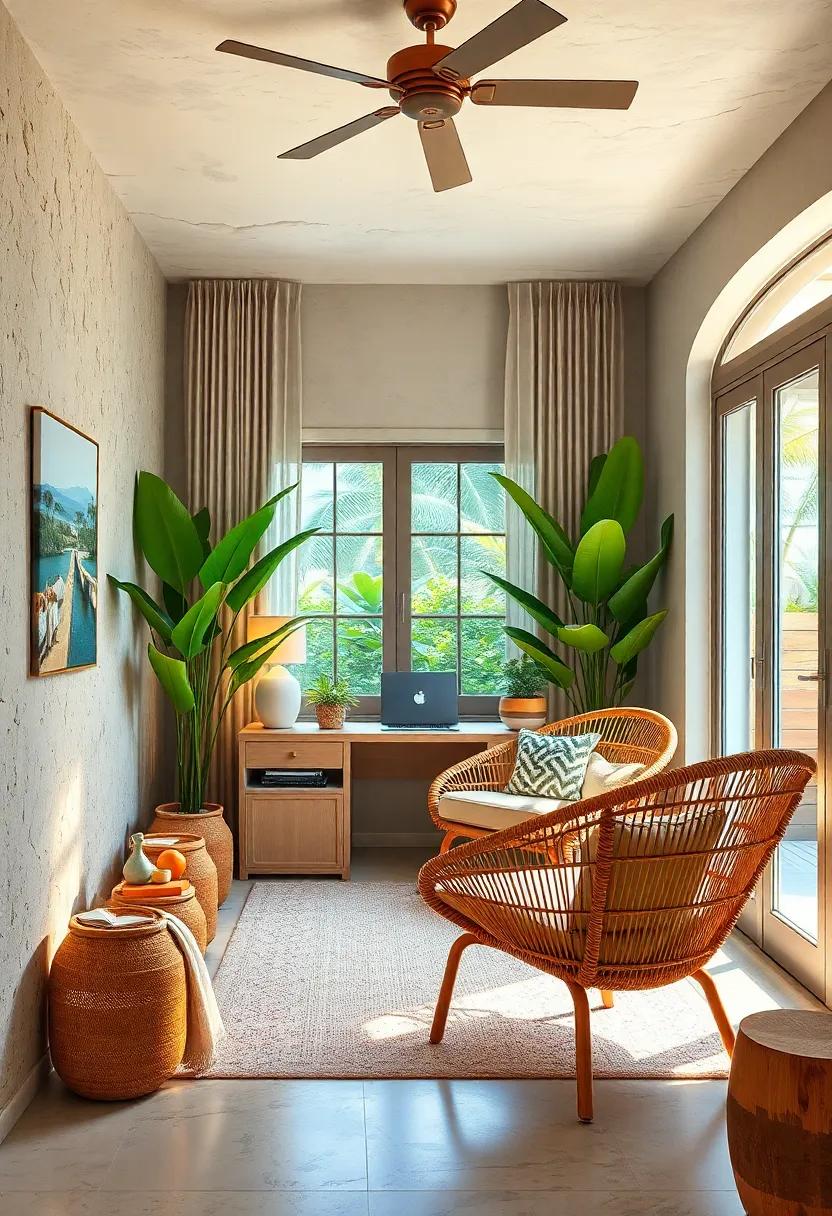 Warm and Welcoming: A cozy home office adorned with soft textiles and warm lighting, where a plush rattan chair invites you to curl up with a good book—or a laptop