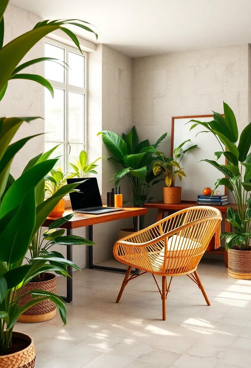 Global Influence: journey to a travel-inspired workspace featuring a rattan chair that reflects cultural richness, encouraging creativity through diverse influences