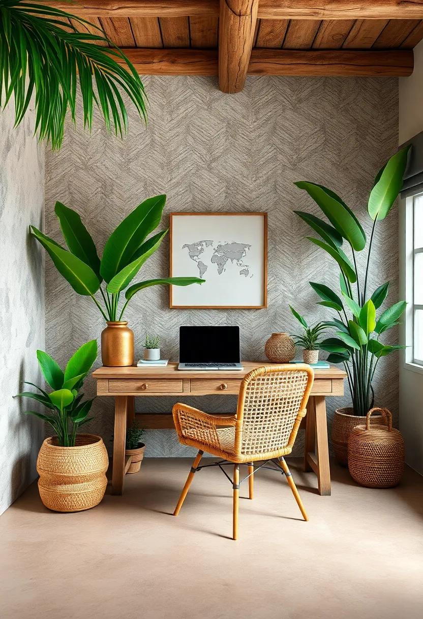 rustic retreat: experience the charm of a rustic home office, where a distressed wooden desk pairs perfectly with a chic rattan chair, inviting you to get lost in work