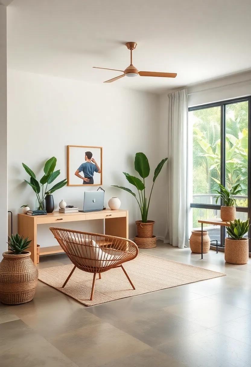 zen Workspace: Take a look at a tranquil office designed for mindfulness and focus, where a simple rattan chair provides both comfort and style for productive meditation