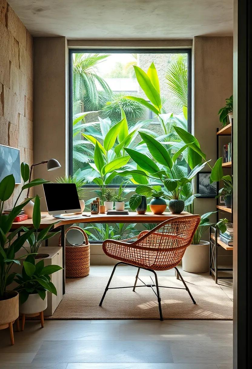 Tropical Oasis: Step into a vibrant workspace that mirrors a botanical garden, where a handwoven rattan chair adds an organic touch to the creative process