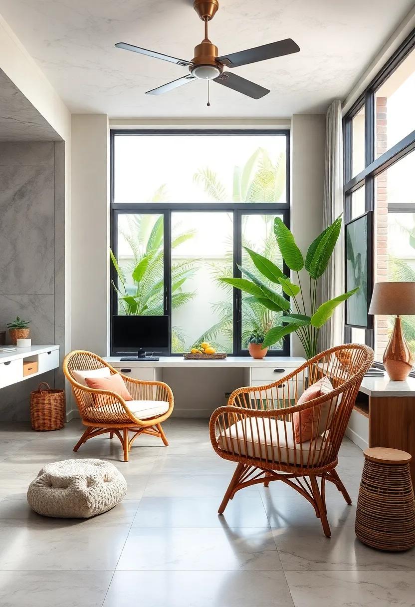 Modern Tropical: Explore a contemporary home office with sleek design elements, where a stylish rattan chair offers a touch of warmth against a polished backdrop