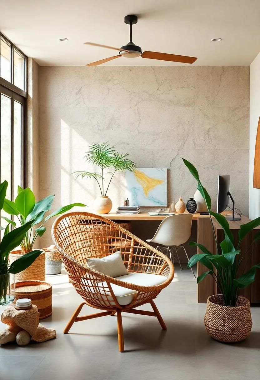 Natural Harmony: Discover an eco-conscious office setup that celebrates sustainability, where a recycled rattan chair sits comfortably alongside organic materials and hues