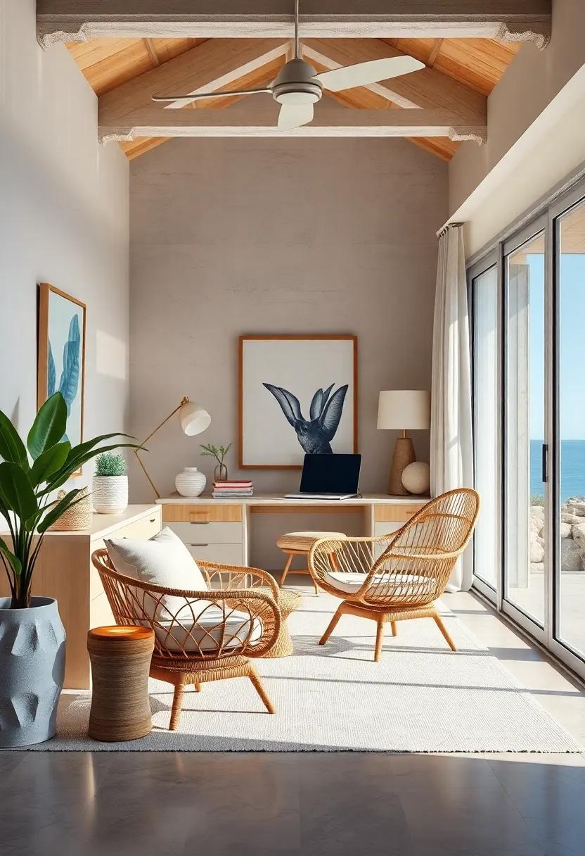 coastal Elegance: Experience a refined seaside office featuring a sophisticated rattan chair, seamlessly merging coastal elements with elegant design for a luxurious work environment