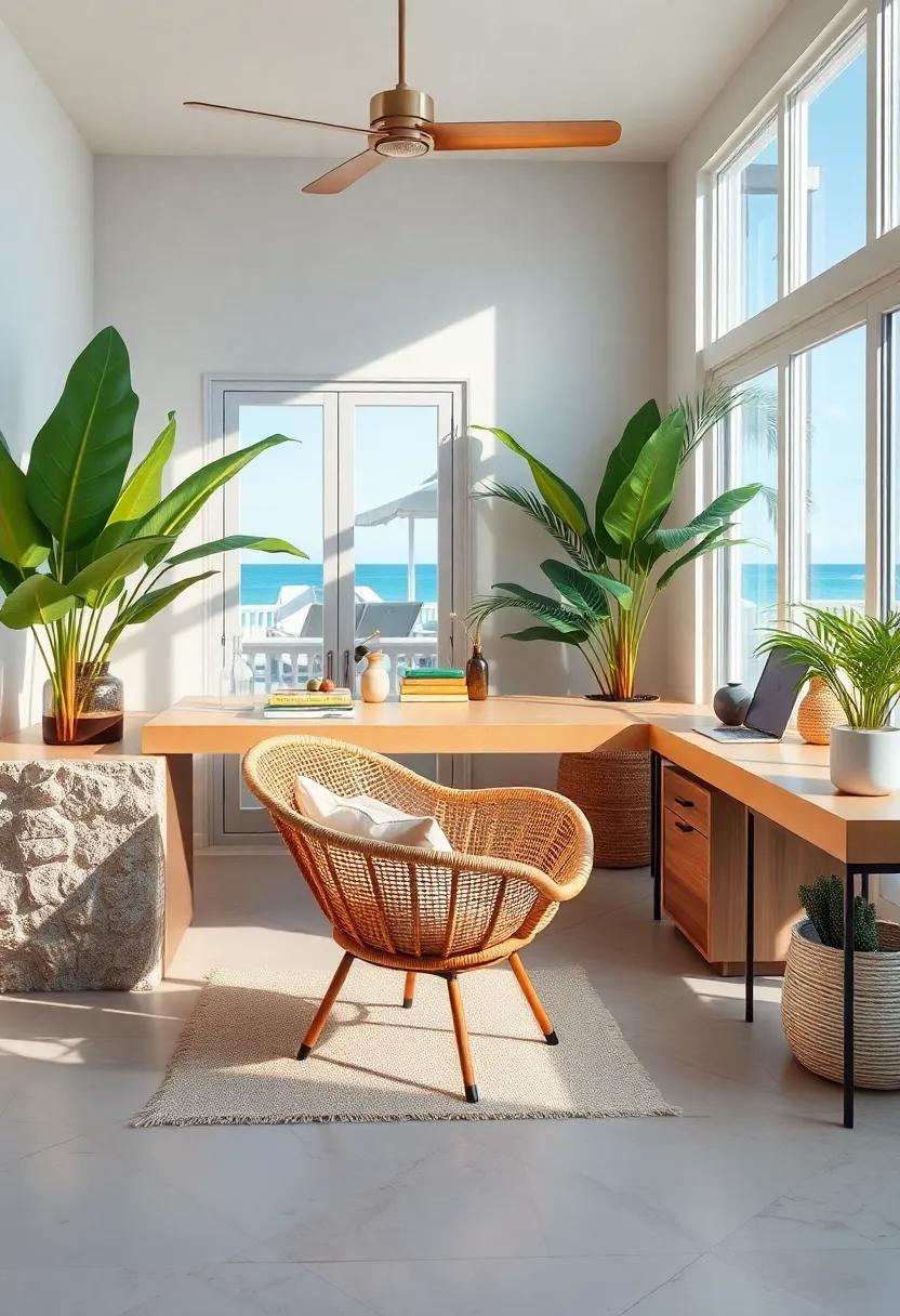 Coastal Calm: Discover a beach-inspired workspace adorned with nautical accents, where an elegant rattan chair blends effortlessly with sandy hues and ocean views