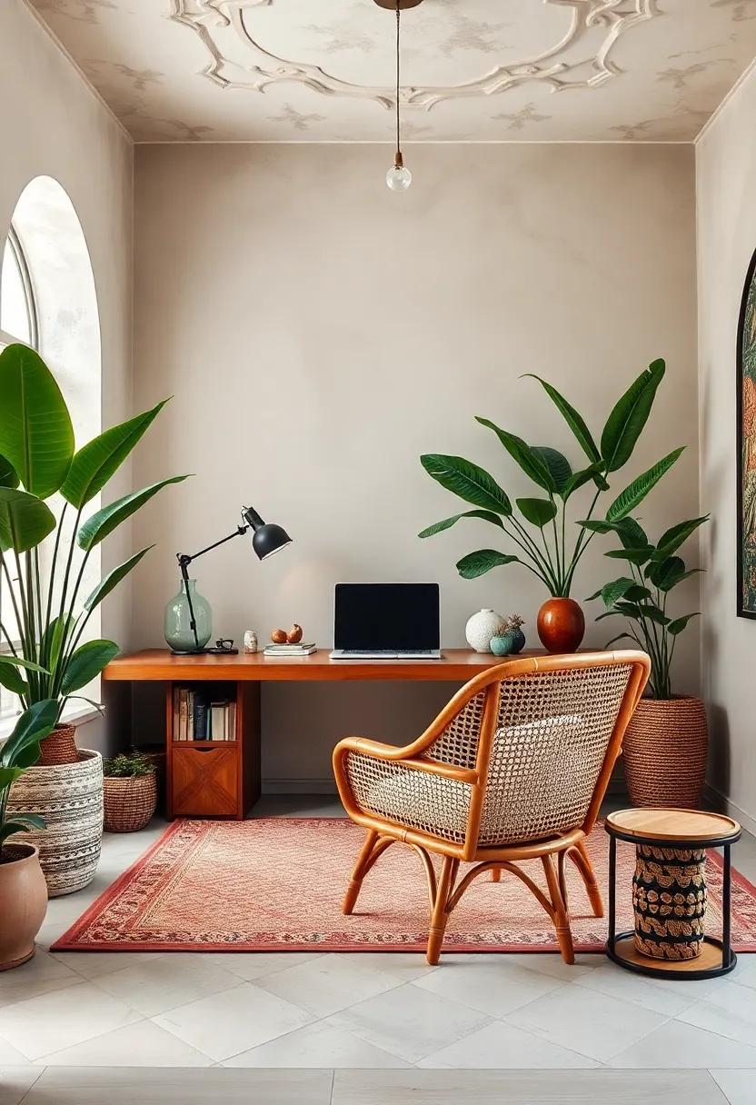 Classic Elegance: A traditional office setup that harmonizes modern technology with a vintage rattan chair,making work feel both stylish and nostalgic