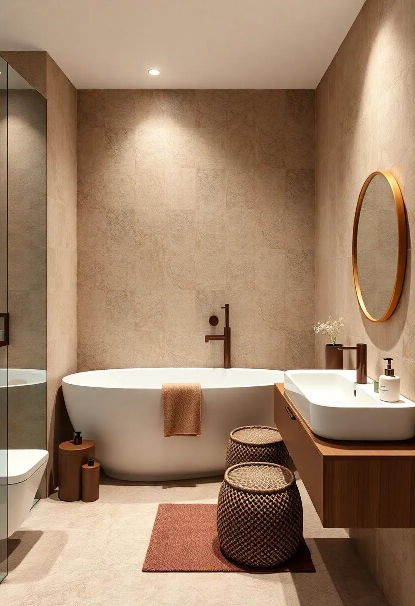 Bathroom Accessories Cohesion: Ensure all your bathroom accessories, from soap dispensers to toiletries, blend seamlessly in shades of brown and cream, enhancing the‌ united theme