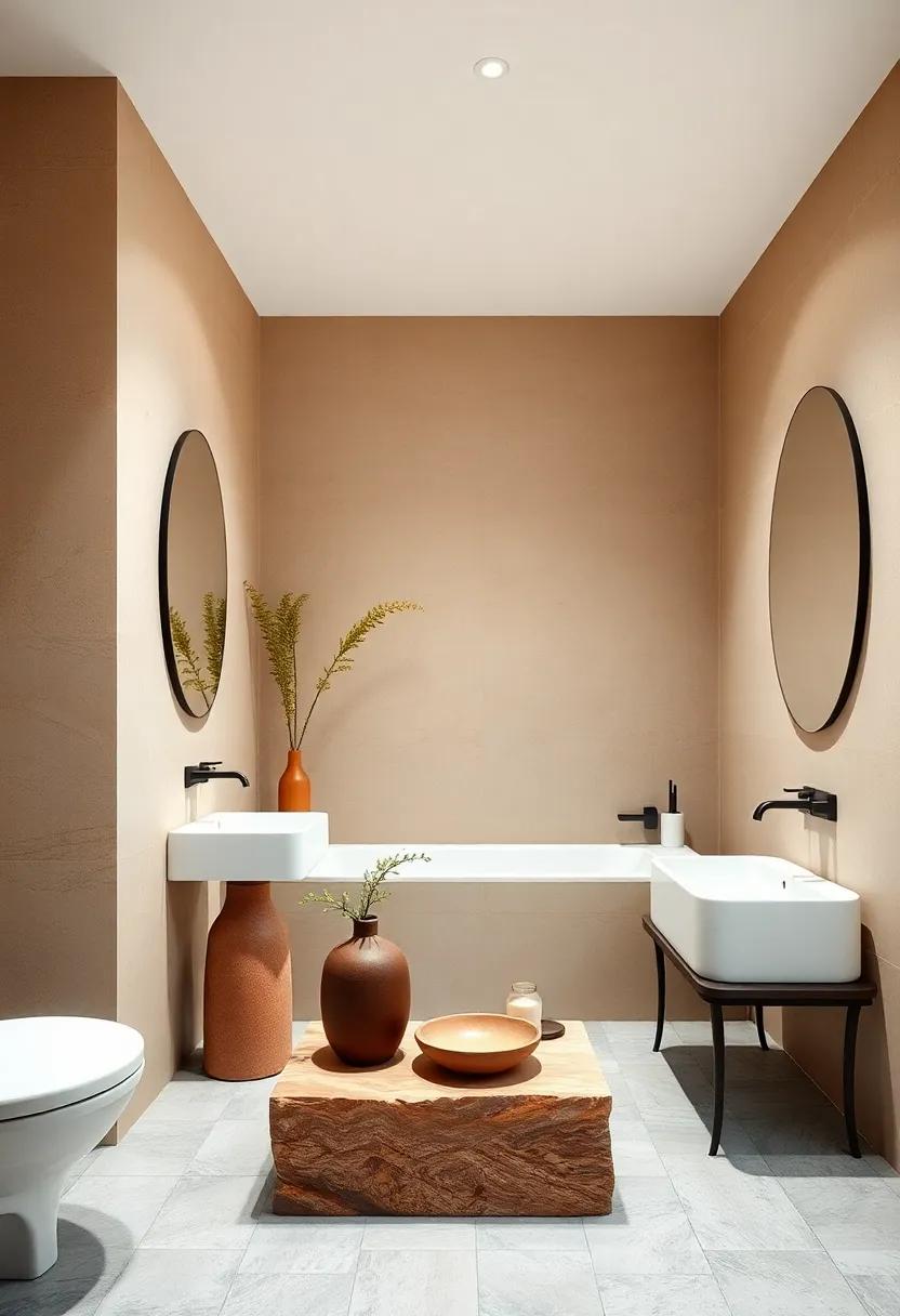 Brown and Cream Ceramic Accents: Incorporate ceramic vases, soap dishes, or toothbrush holders in complementary tones for a polished, put-together look