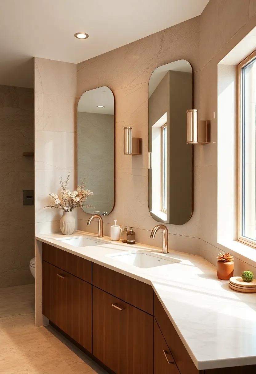 Creamy Countertops: select creamy quartz or ​marble countertops that not only complement the brown cabinetry but also provide a durable and elegant surface