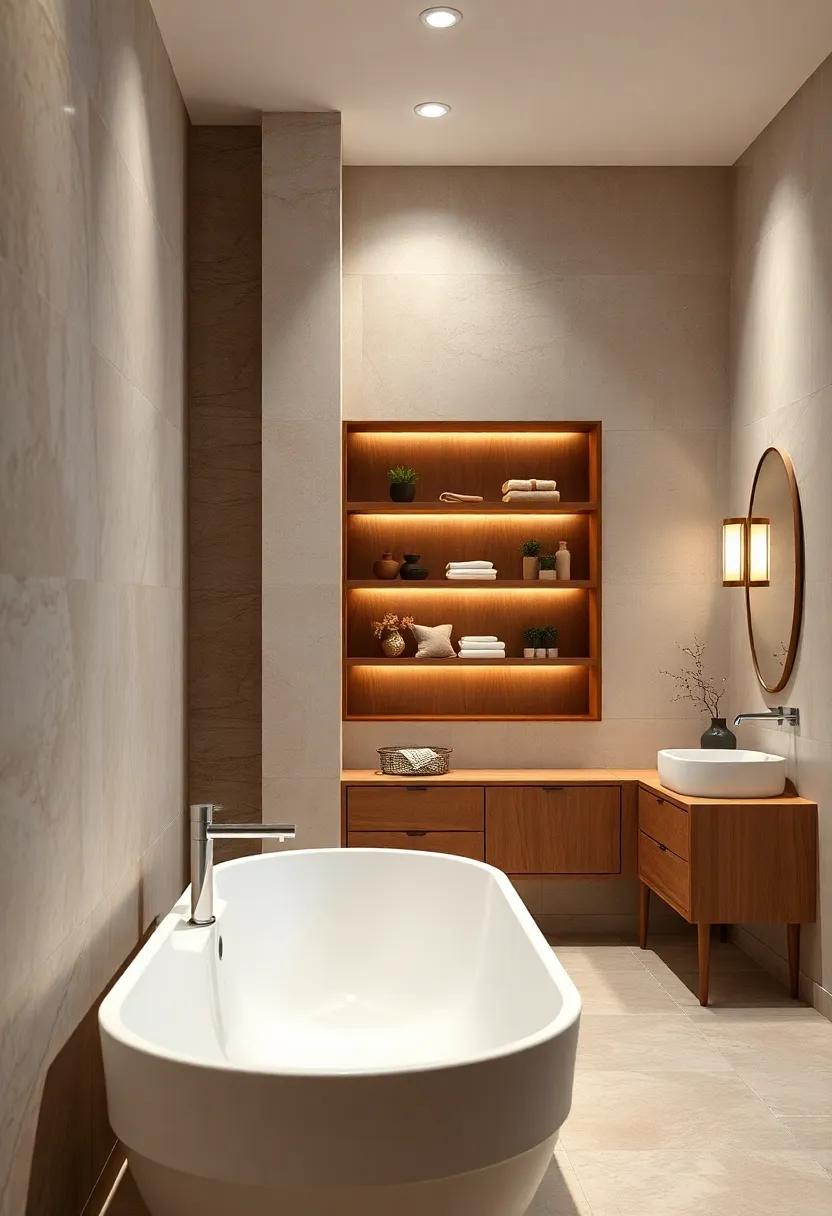 Open Shelving: Install⁣ open shelving​ in a warm brown finish to⁢ display your favorite⁣ bath items, enhancing both organization and style