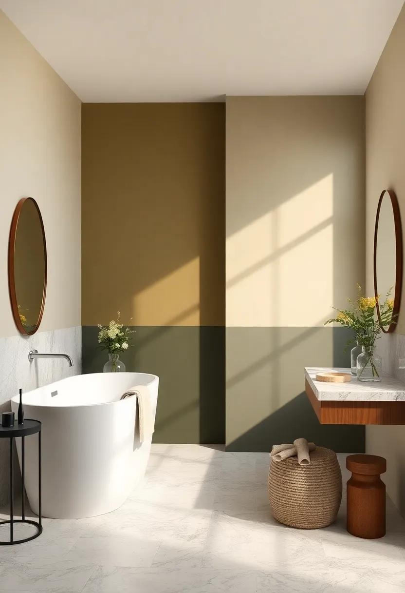 Olive and ivory: Cozy olive greens with ivory create a tranquil environment, highlighted by polished granite for natural beauty