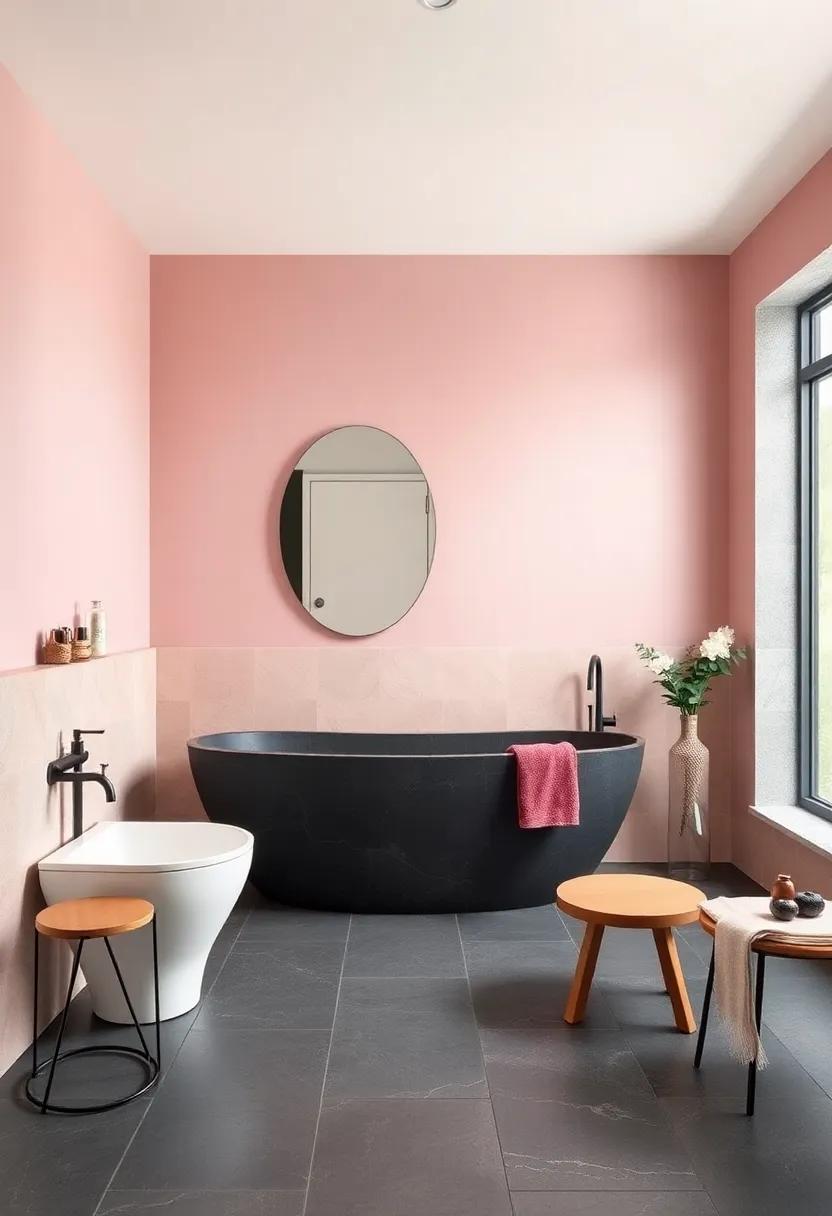 Blush and charcoal: Switch it up with delicate blush pink and bold charcoal, using honed basalt to tie the look together