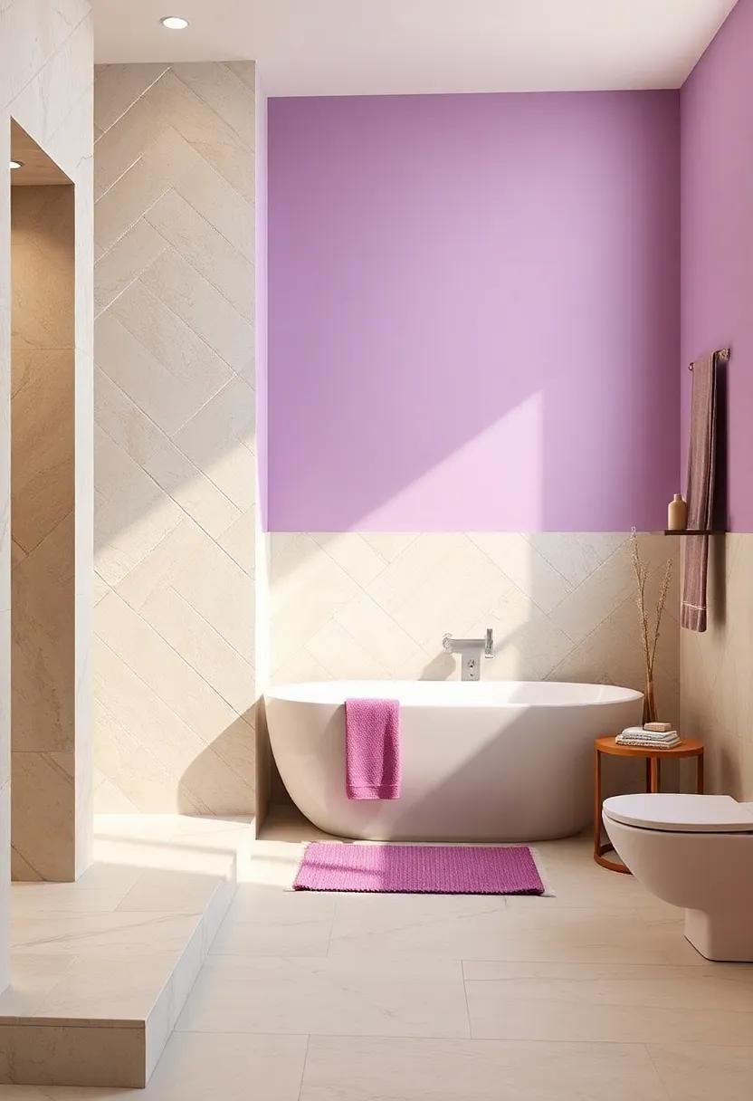 Lavender and Cream: A dreamy lavender combined with creamy shades results in a calm ambiance, accentuated by light stone elements