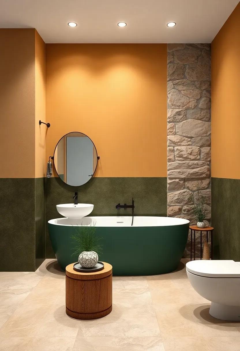 Muted Gold and Deep Green: Rich muted gold pairs impressively with deep forest green, giving a regal touch accentuated by decorative stonework