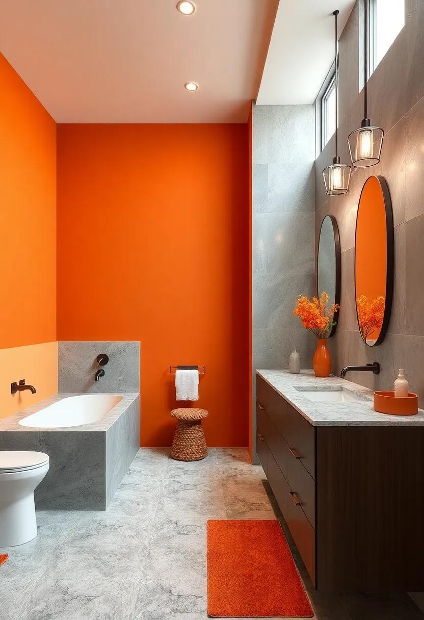 Sunrise Orange and Soft Gray: Energize your space with jubilant orange and soothing gray,finishing with granite countertops for a grounded finish
