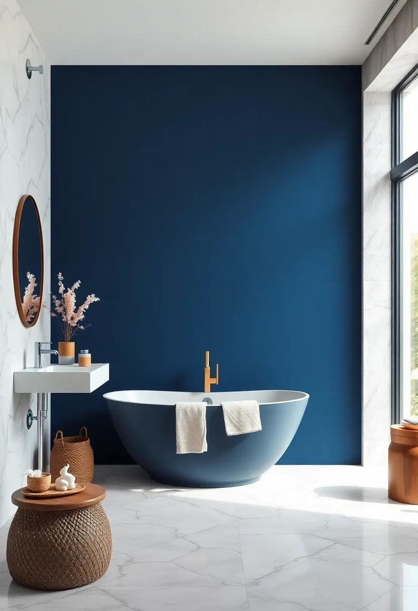 Midnight blue and Snow White: The dramatic contrast of midnight blue against bright white creates a striking modern aesthetic, softened by white marble