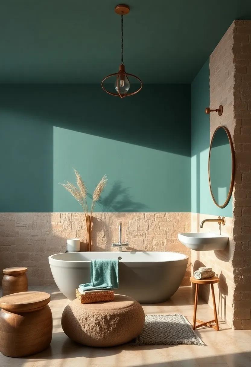 Rustic Copper and Textured Stone: Pair earthy copper tones with rugged stone elements for a warm, inviting retreat