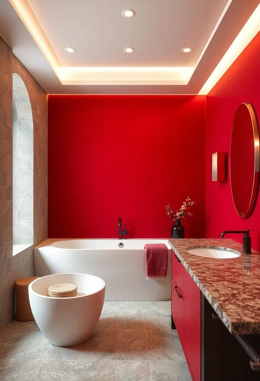 Ruby Red and Eggshell: Create a bold statement with ruby red splashed against a calming eggshell backdrop,complemented by rich granite
