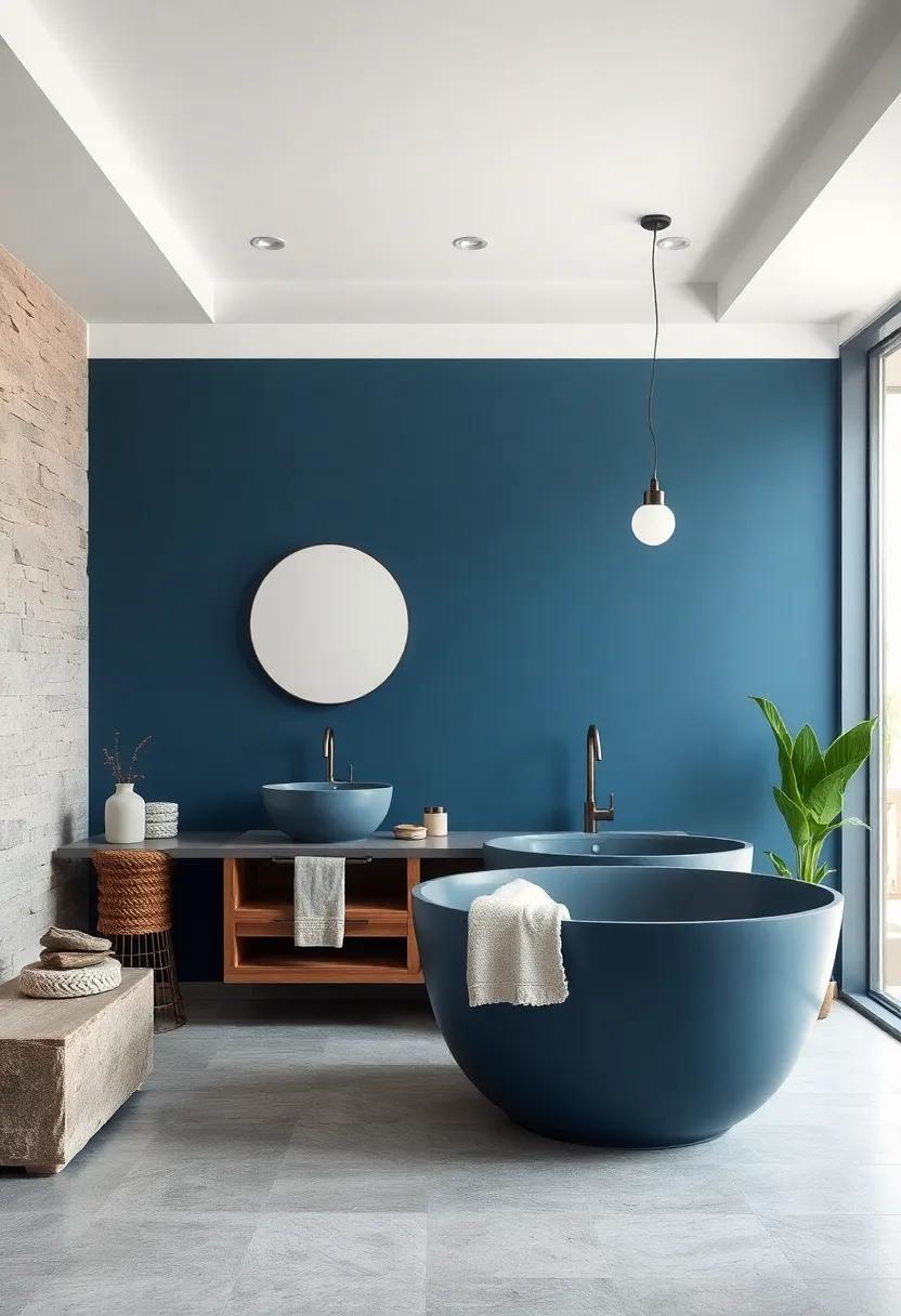 Steel Blue and Driftwood: Strong steel blue meets weathered driftwood for a modern rustic appeal, accented with raw stone elements