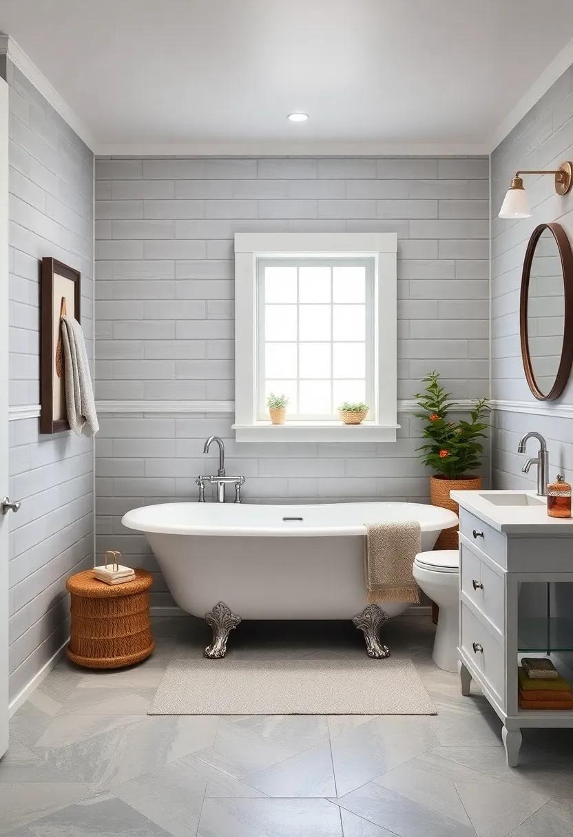 Vintage Charm: Infuse vintage charm with a classic white clawfoot tub surrounded by gray shiplap walls, creating a cozy yet stylish atmosphere