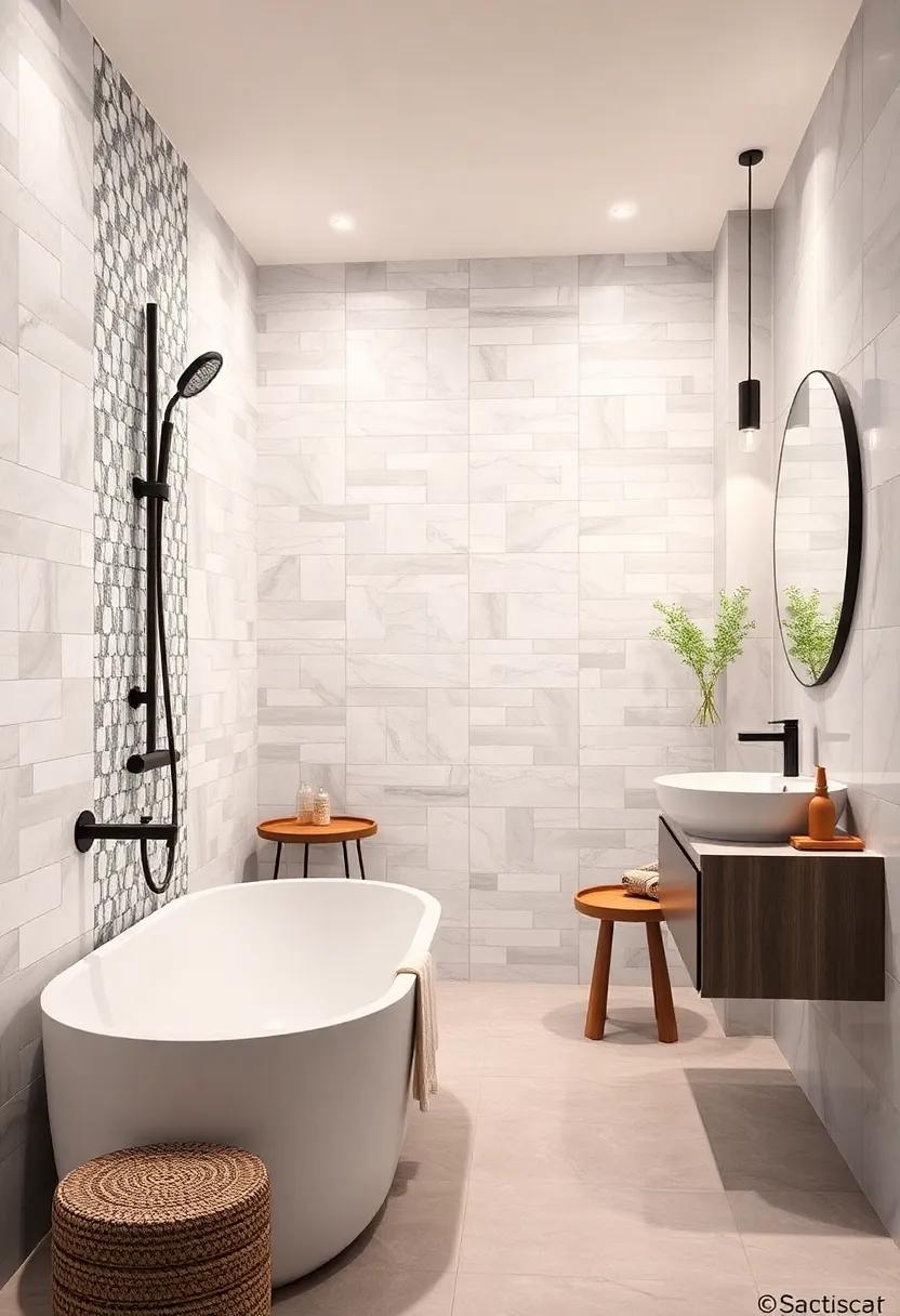 Statement Shower: Turn your shower into a focal point with a two-tone mosaic of white and gray tiles, combining texture and depth for a stunning visual impact
