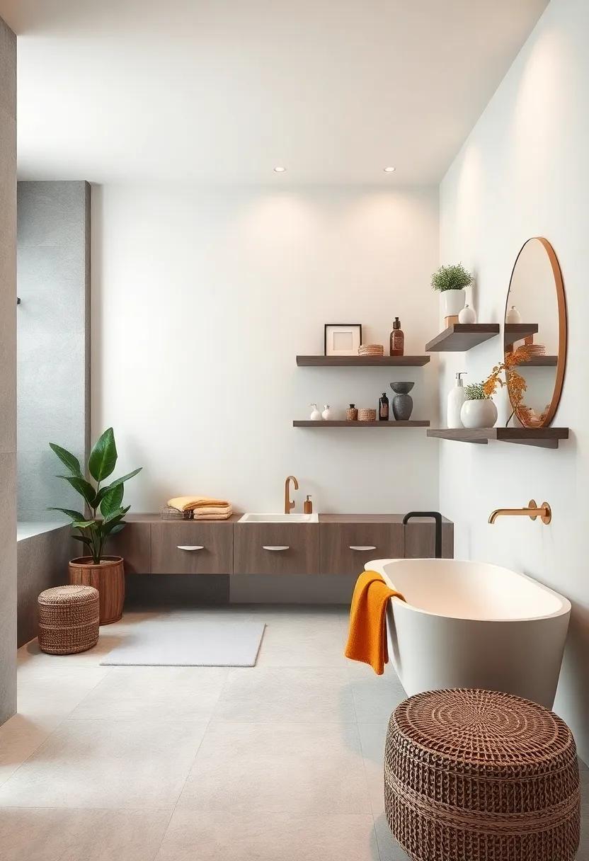 Floating Shelves: Incorporate floating gray shelves against white walls to showcase decor and toiletries while maintaining an open and airy feel