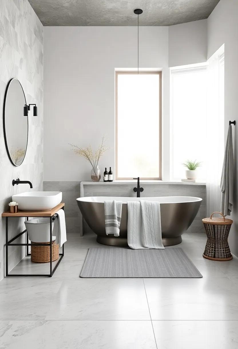 Modern Minimalism: Explore a minimalist approach with gray tiles and white fixtures, creating a serene space that emphasizes clean lines and simplicity