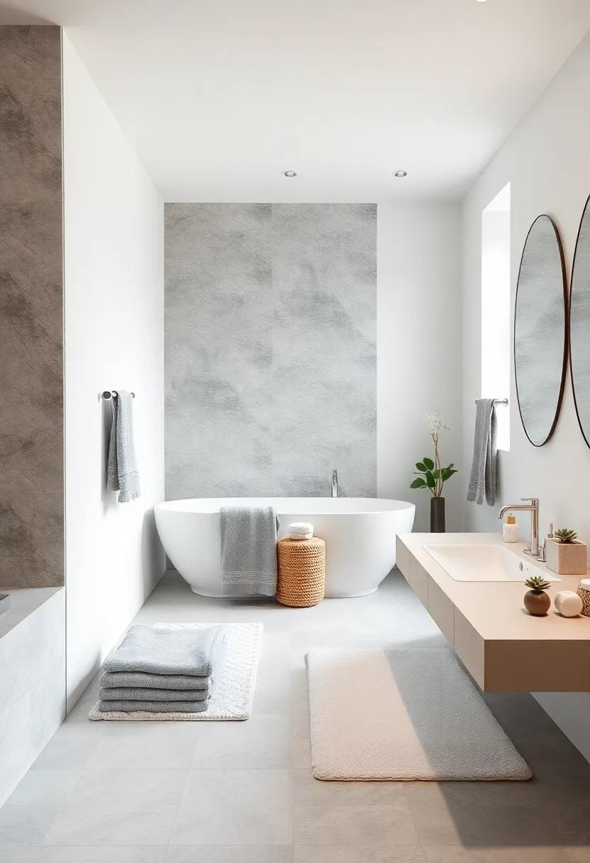 Soothing Textiles: Use soft gray towels and white bath mats to bring warmth and texture, creating a luxe hotel-inspired experience