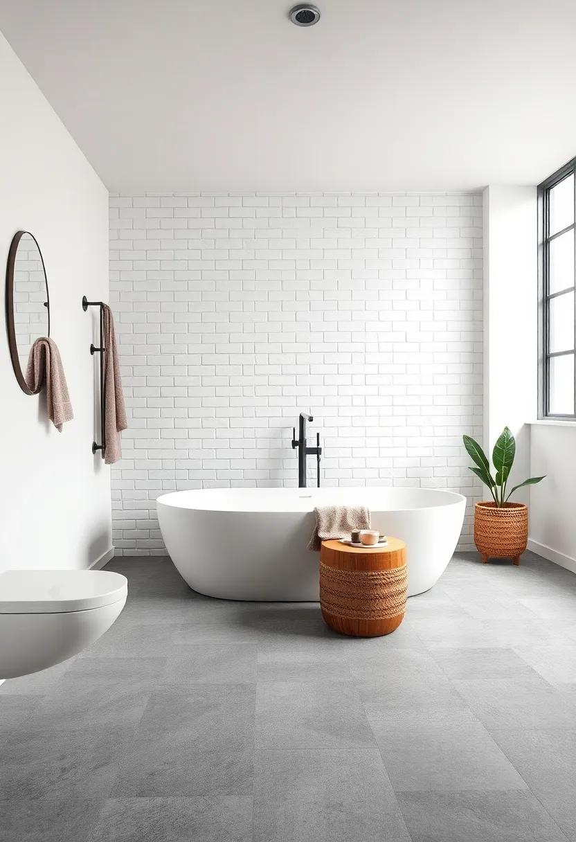 Industrial Flair: Achieve an industrial look with gray concrete flooring and white subway tiles,merging raw materials with polished finishes for a chic contrast