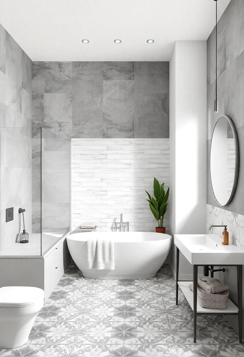Playful Patterns: Use patterned floor tiles that mix gray and white in geometric designs, adding a fun twist to your bathroom layout