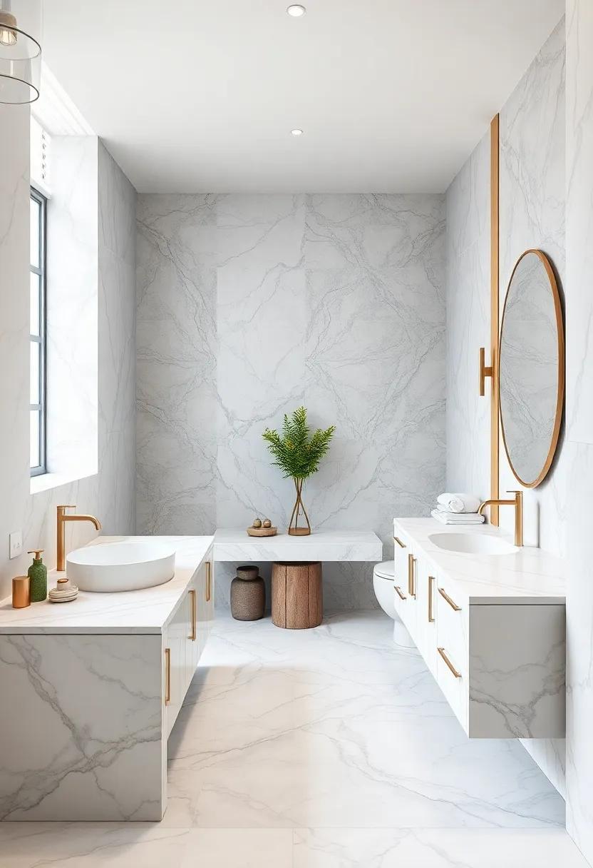Luxurious Marble: Indulge in the beauty of two-tone marble countertops featuring white and gray veining,making any bathroom feel like a spa retreat