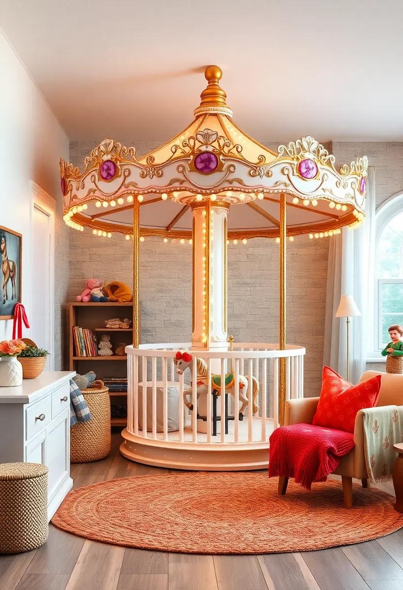 Charming Carousel: Design a dreamlike space with carousel horse decor,pastel colors,and ​twinkling lights,creating a dreamy environment of enchantment