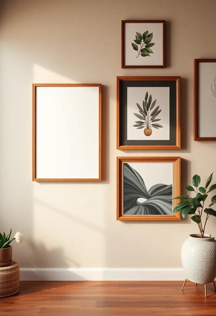Eclectic Art Displays: Balancing Wood Frames and Wall Colors