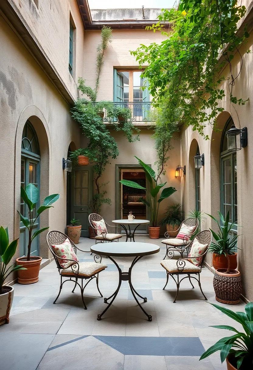 Serene Courtyards Exuding Charm with Vintage Bistro sets and Lush Greenery