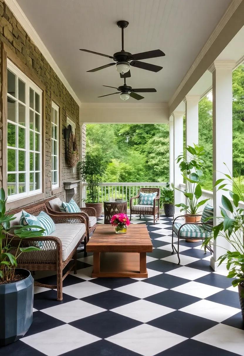 classic Checkerboard Floors: Consider a classic black-and-white checkerboard pattern for your porch flooring, adding a touch of elegance and nostalgia
