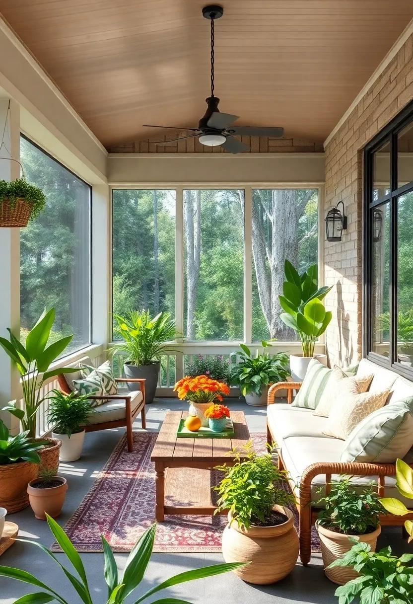 Embrace Nature: Transform your screened porch into a refreshing retreat with abundant greenery and potted plants for a relaxing atmosphere