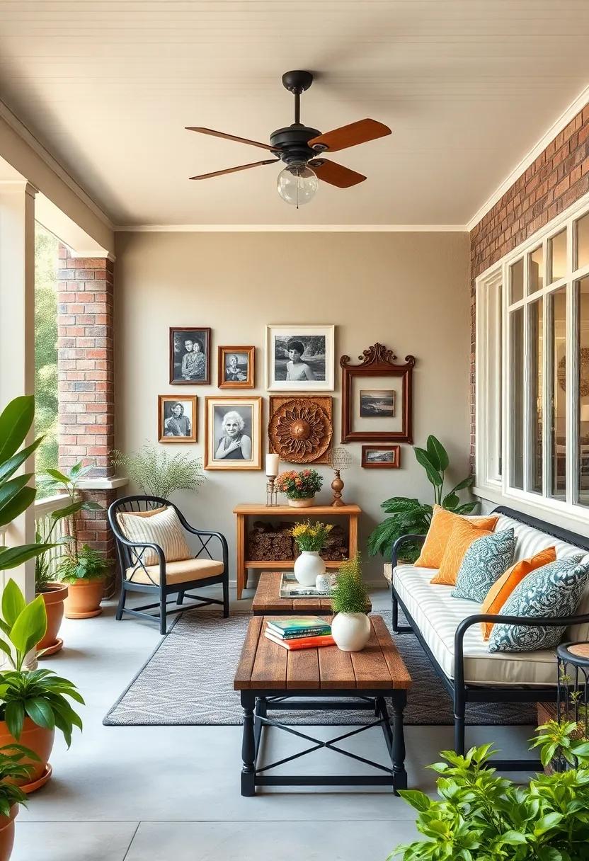 Personalized Gallery Wall: Curate a gallery wall with vintage frames and family photos to celebrate cherished memories while enjoying your outdoor space